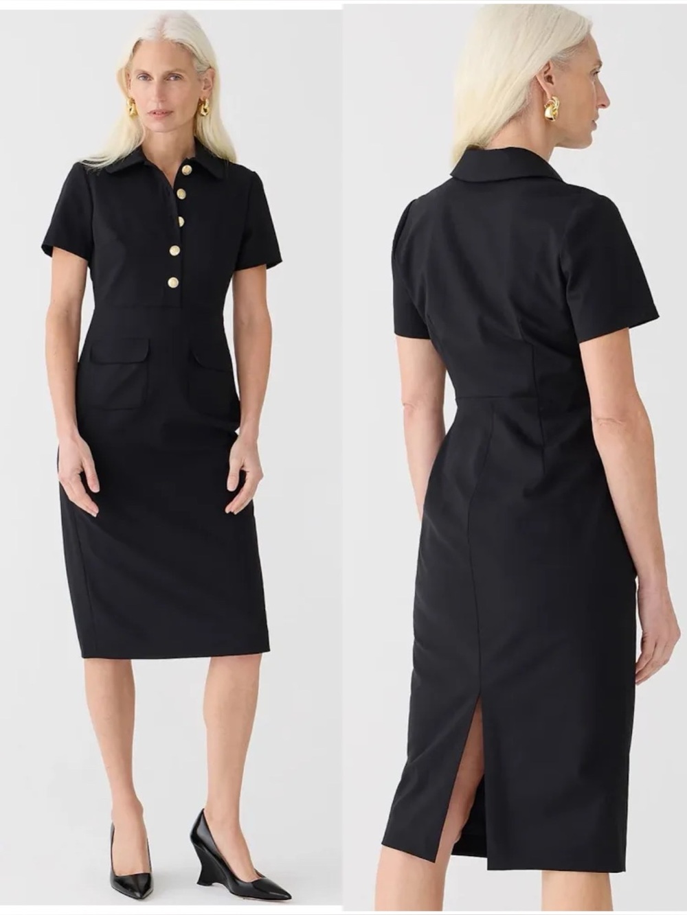 NWT J. CREW Collared Sheath Dress in Black Bi-Stretch Wool Blend